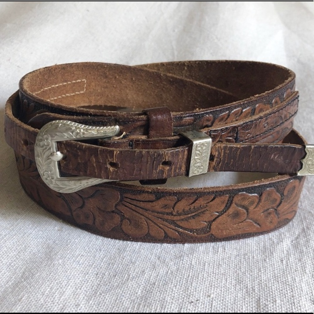 Vintage Tooled Leather Western Brown Belt